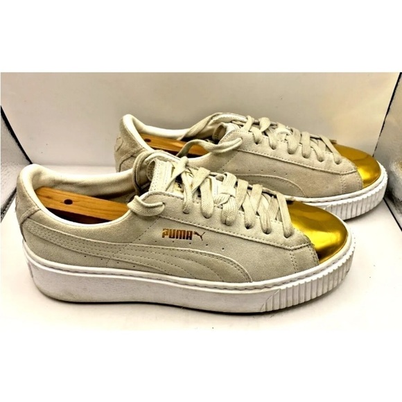 Womens Size 7.5 Puma Sneakers Shoes Suede Platform Gold Toe Creeper Gray Logo - Picture 4 of 7